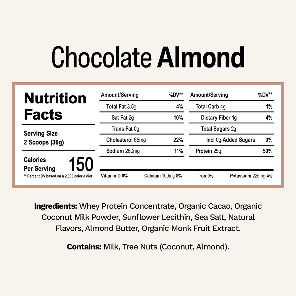 Rise Whey Chocolate Almond scoop showing convenient serving