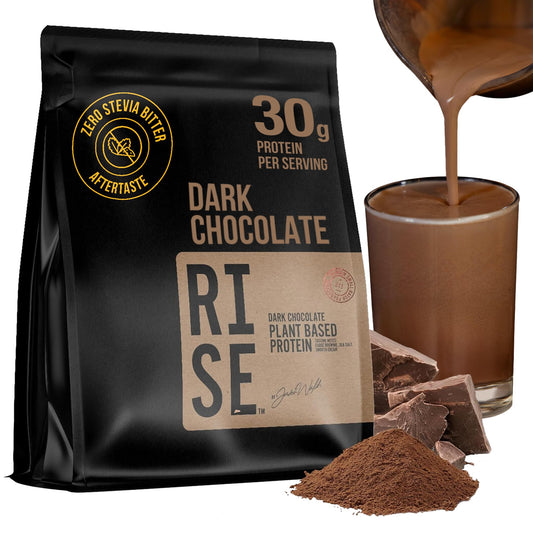 RISE311 dark chocolate protein bottle shows 30g plant protein per serving for muscle support.