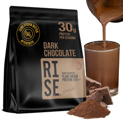 RISE311 dark chocolate protein bottle shows 30g plant protein per serving for muscle support.