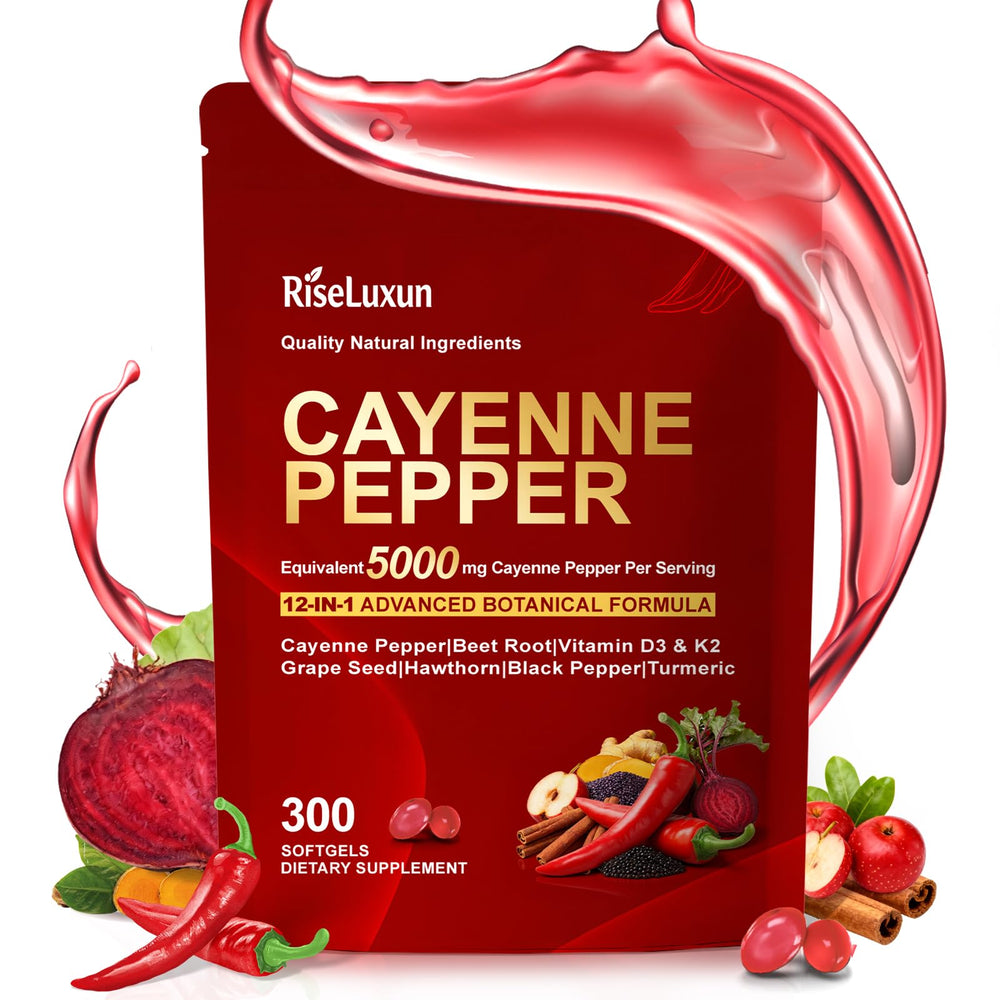 RiseLuxun 12in1 cayenne bottle front shows a comprehensive wellness capsule blend