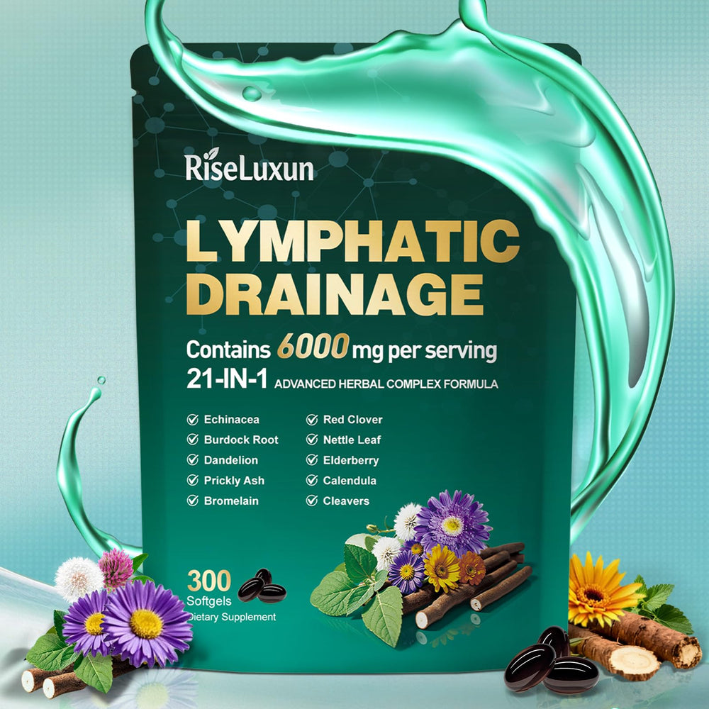 RiseLuxun 21-in-1 lymph bottle pour illustrates easy daily dosing for support.