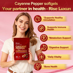 RiseLuxun cayenne capsules side view highlighting easy-to-swallow softgels