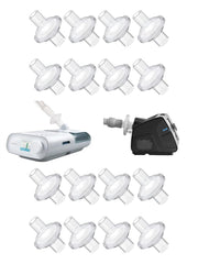 rislabo universal CPAP inline filter connected to machine and hose for universal compatibility
