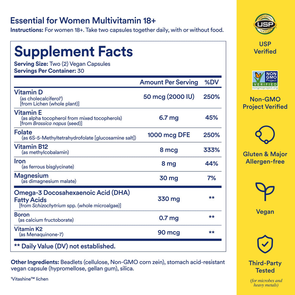Ritual Essential Women traceability image showcases UK D3 and microalgae DHA sources