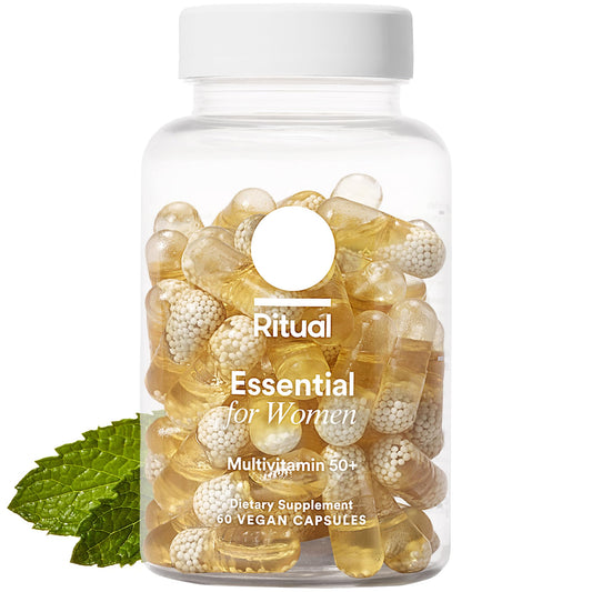 Ritual multivitamin for women 50+ bottle-front with mint scent, supporting daily wellness.