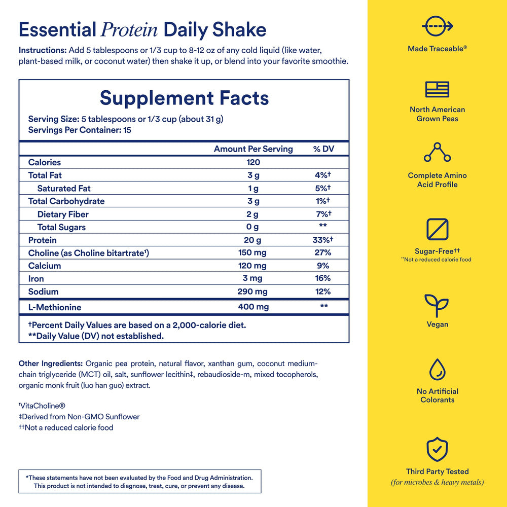 Ritual Pea Protein Powder measuring guide image shows five tablespoons per serving.