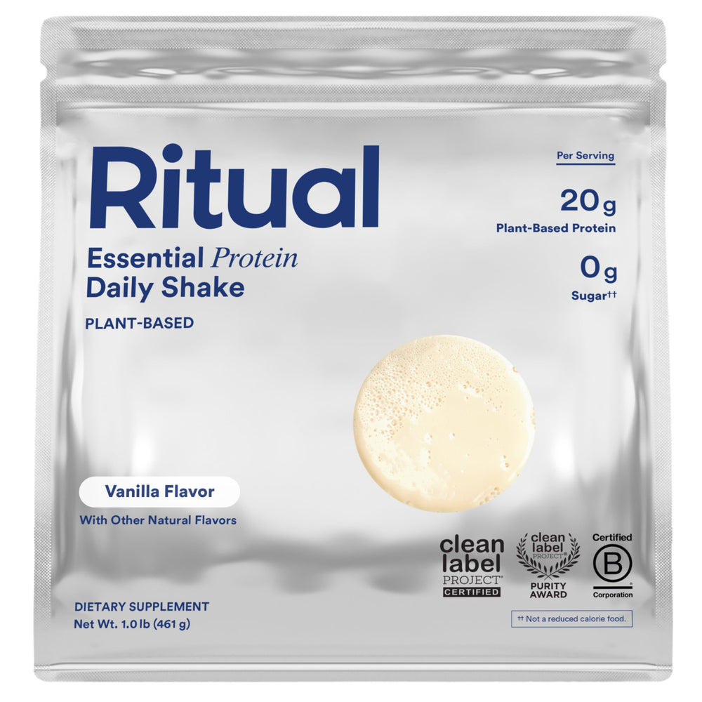 Ritual Pea Protein Powder vanilla bottle promotes plant-based protein for lean muscle support after workouts.
