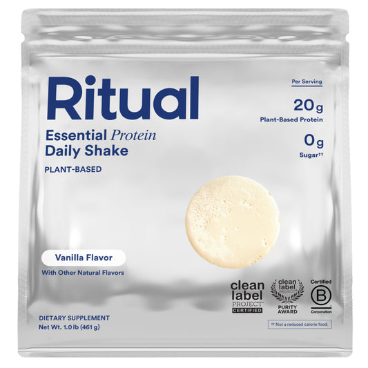 Ritual Pea Protein Powder vanilla bottle promotes plant-based protein for lean muscle support after workouts.