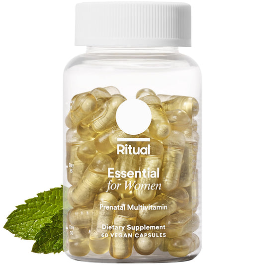 Ritual Prenatal bottle closeup highlighting gentle multivitamin support for pregnancy