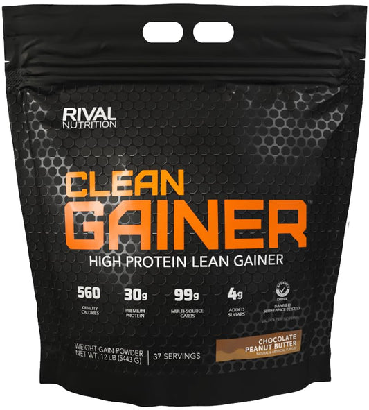 RIVAL NUTRITION Clean Gainer Chocolate PB bag side view highlights a high-calorie shake option.