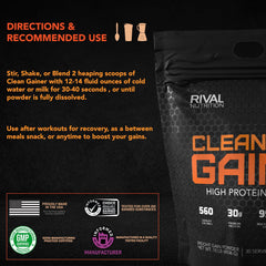 RIVAL NUTRITION Clean Gainer glass with mix hints at rich texture and satisfying serving