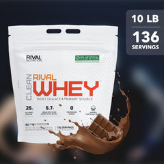 Chocolate flavor tub of Clean Rival Whey with serving size details