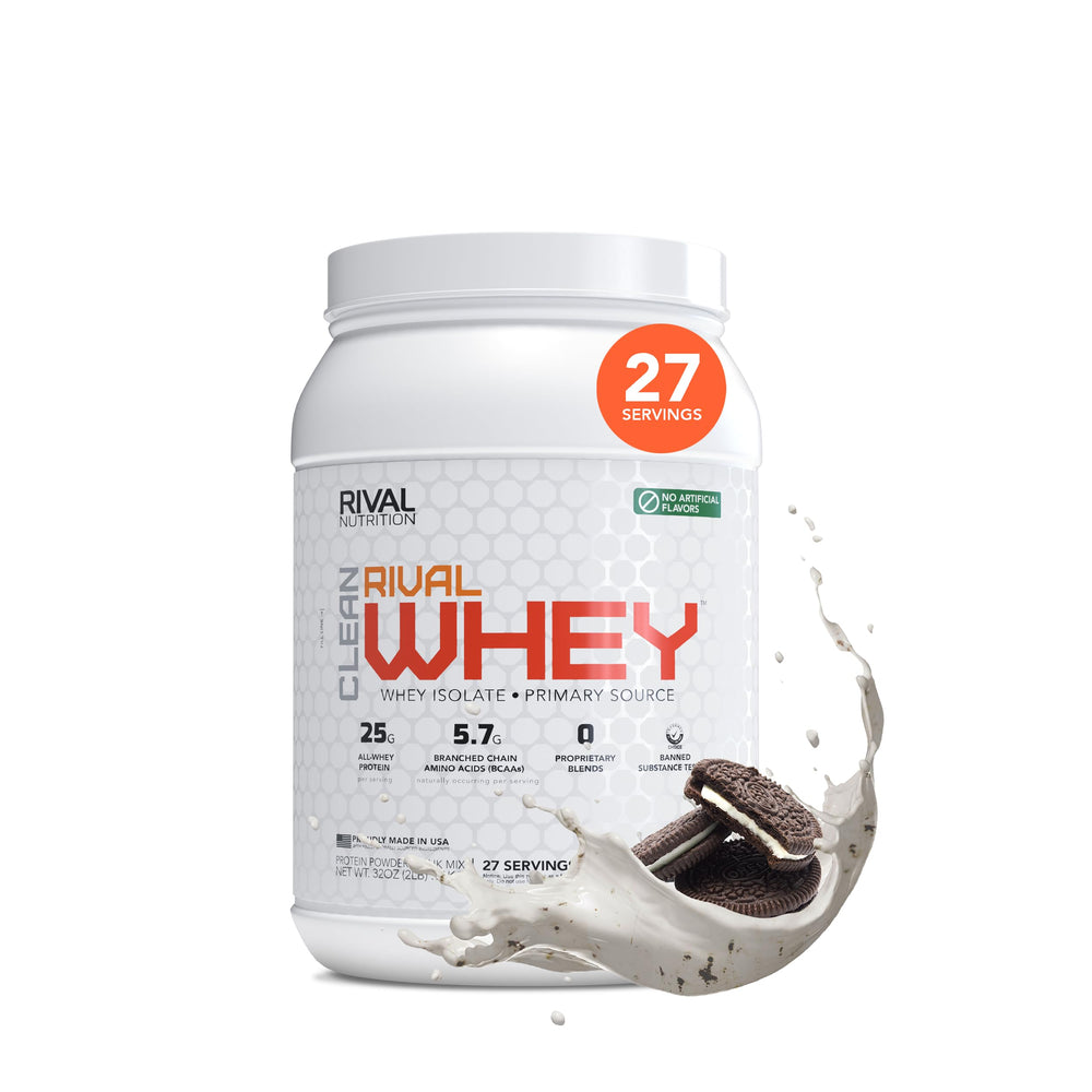 Rival Nutrition Clean Rival Whey Cookies & Cream front label with clean ingredients