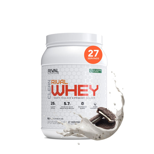 Rival Nutrition Clean Rival Whey Cookies & Cream front label with clean ingredients