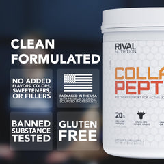Rival Nutrition Collagen Peptides label highlights grass-fed source and clean ingredients.