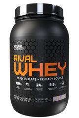 Rival Nutrition Fruity Cereal tub front showing premium whey powder for post-workout recovery