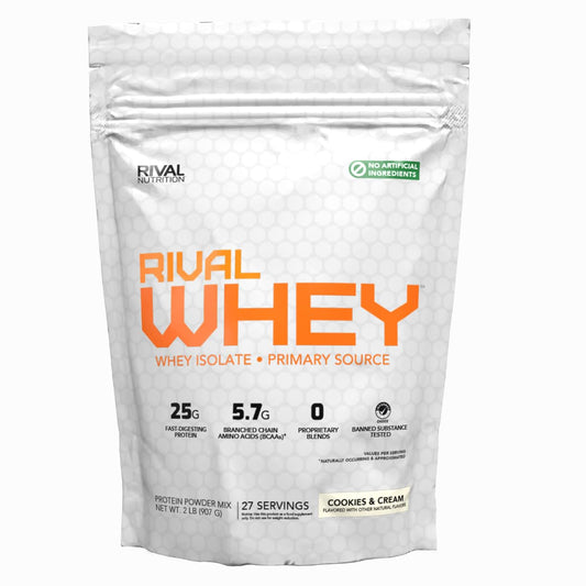 Rival Nutrition Cookies and Cream Whey packaging with clean label and 2lb size.