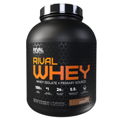 Rival Whey 5lb bottle shows rich chocolate flavor for a fast-digesting protein.