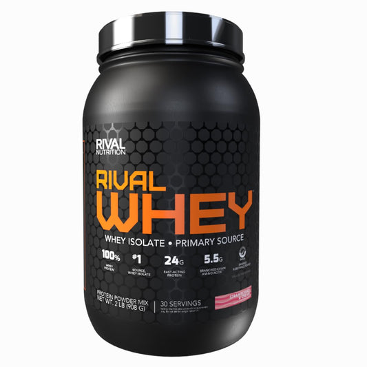 Rival Nutrition Rival Whey Strawberry and Cream 2lb bottle front for post-workout fuel
