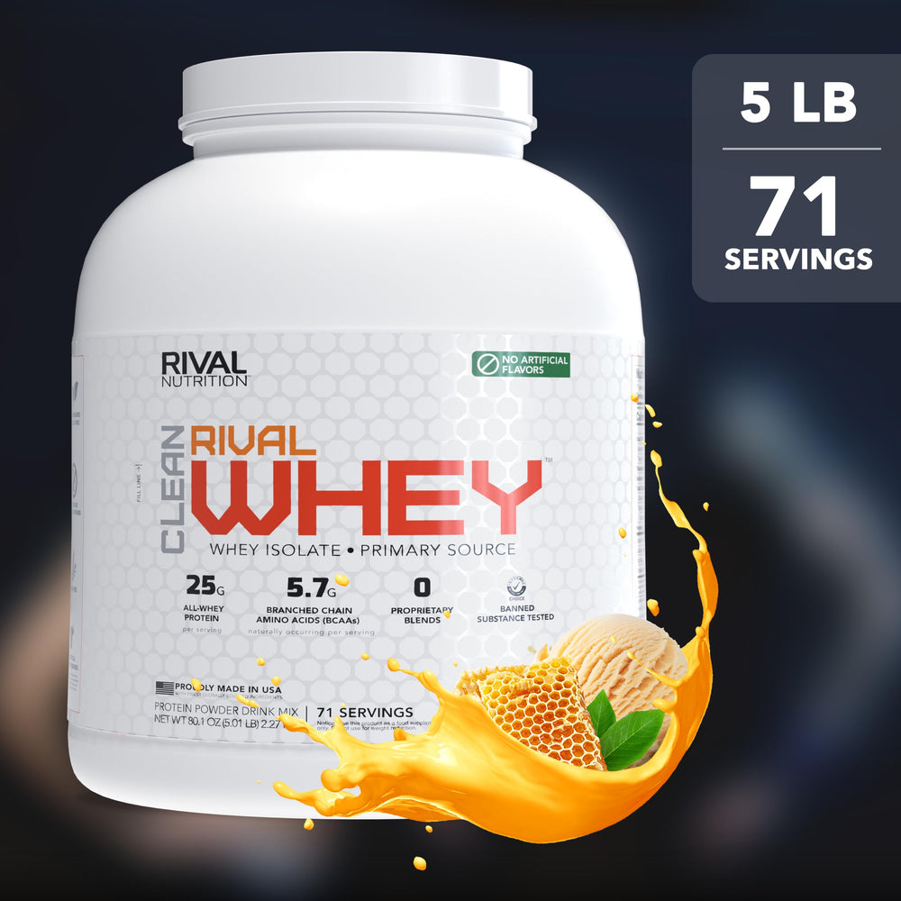 Rival Whey Clean Honey Nut Vanilla scoop serving showing 25g protein per serving
