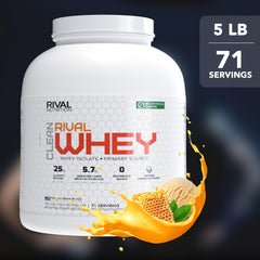 Rival Whey Clean Honey Nut Vanilla scoop serving showing 25g protein per serving