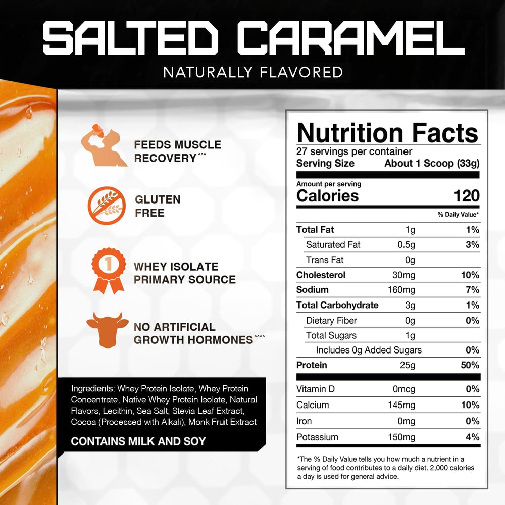RIVAL NUTRITION Rival Whey Salted Caramel nutrition panel with 25 g per serving