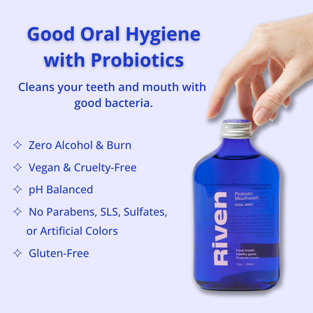 Riven Probiotic Mouthwash bottle close-up showing fluoride-free, gentle formula.