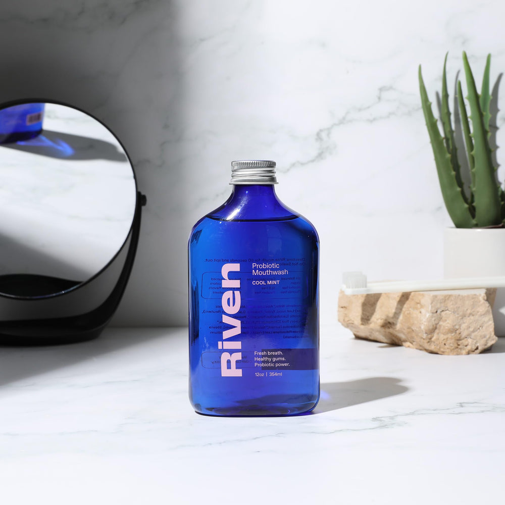 Riven Probiotic Mouthwash packaging on counter ready for daily use