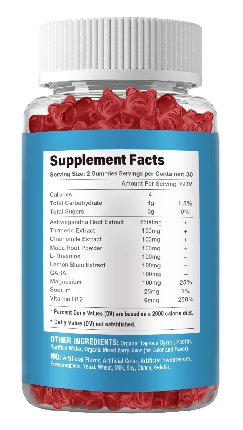 Riyuetian Ashwagandha Gummies label highlights turmeric and natural ingredients for daily wellness.