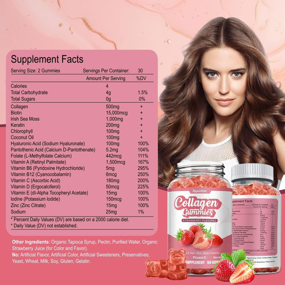 Riyuetian collagen gummies bottle close-up with strawberry flavor