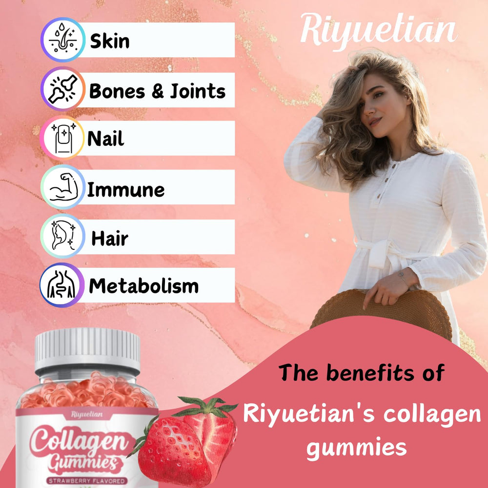 Riyuetian ingredients panel showing biotin and vitamins for skin, hair, nails