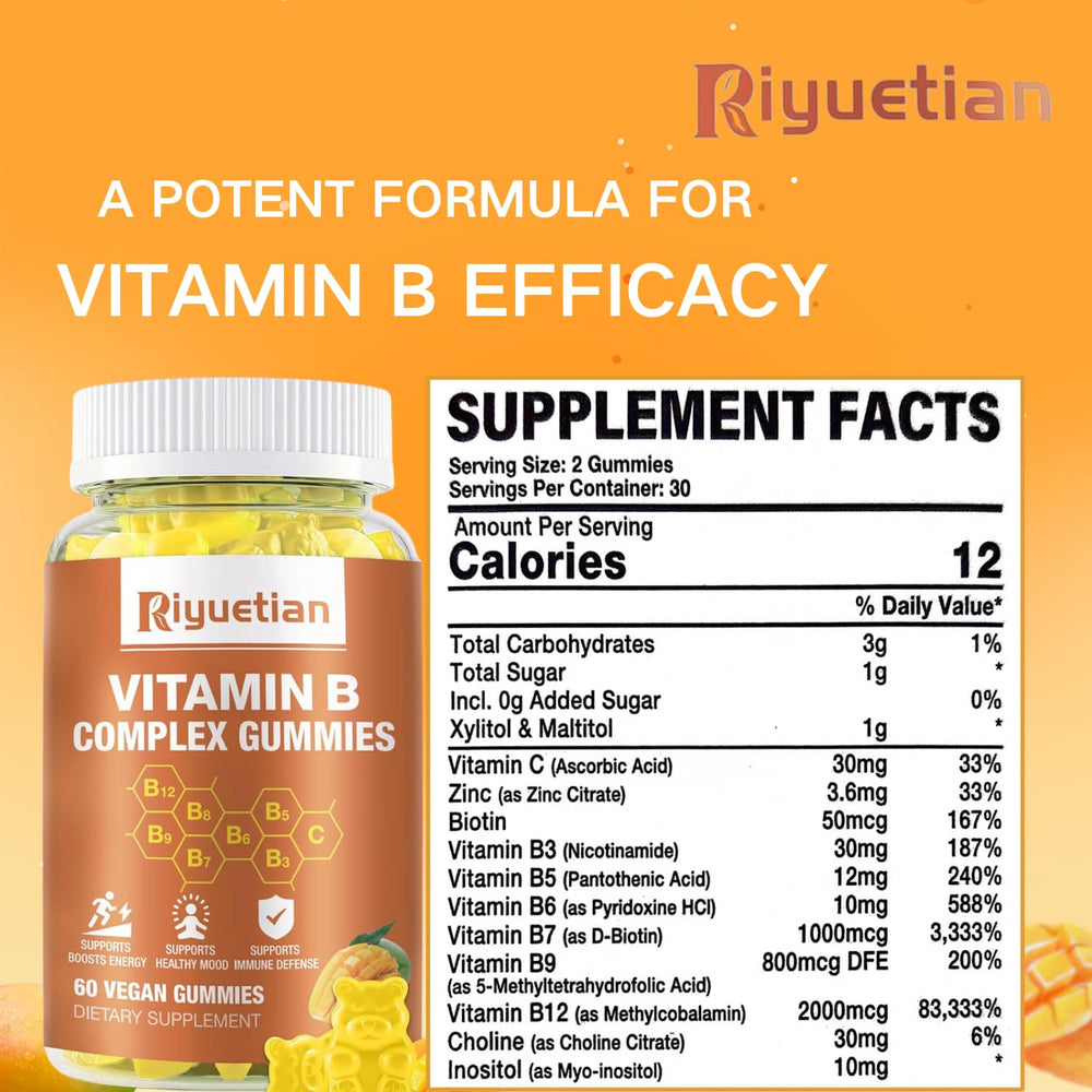 Close-up of Riyuetian B Complex Gummies showing mango flavor appeal for all ages.