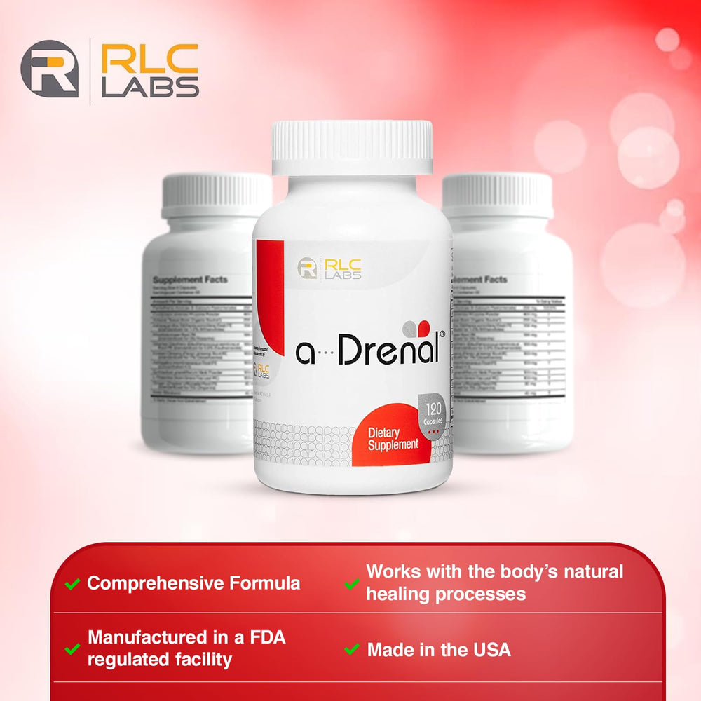 RLC Labs a-Drenal packaging box displaying gluten free non GMO formulation
