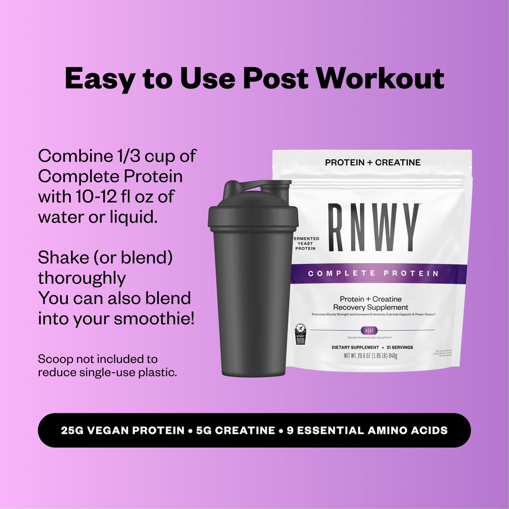 RNWY Acai Protein certifications badge signals third-party testing.