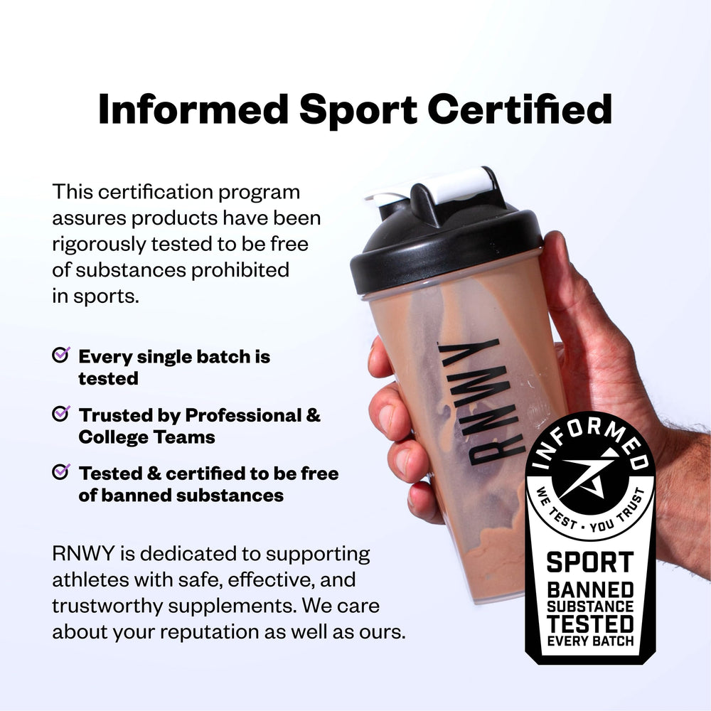 RNWY Acai Protein ingredients list features fermented yeast protein and BCAAs.