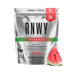 RNWY Extra Mile pre-workout tub promotes steady caffeine-free energy for workouts.