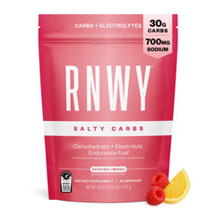 RNWY Salty Carbs bottle pouring raspberry lemonade for steady energy on the go