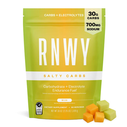 RNWY Salty Carbs Melon tub open for endurance fueling.
