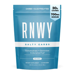 RNWY Salty Carbs powder close-up for steady energy during long runs.