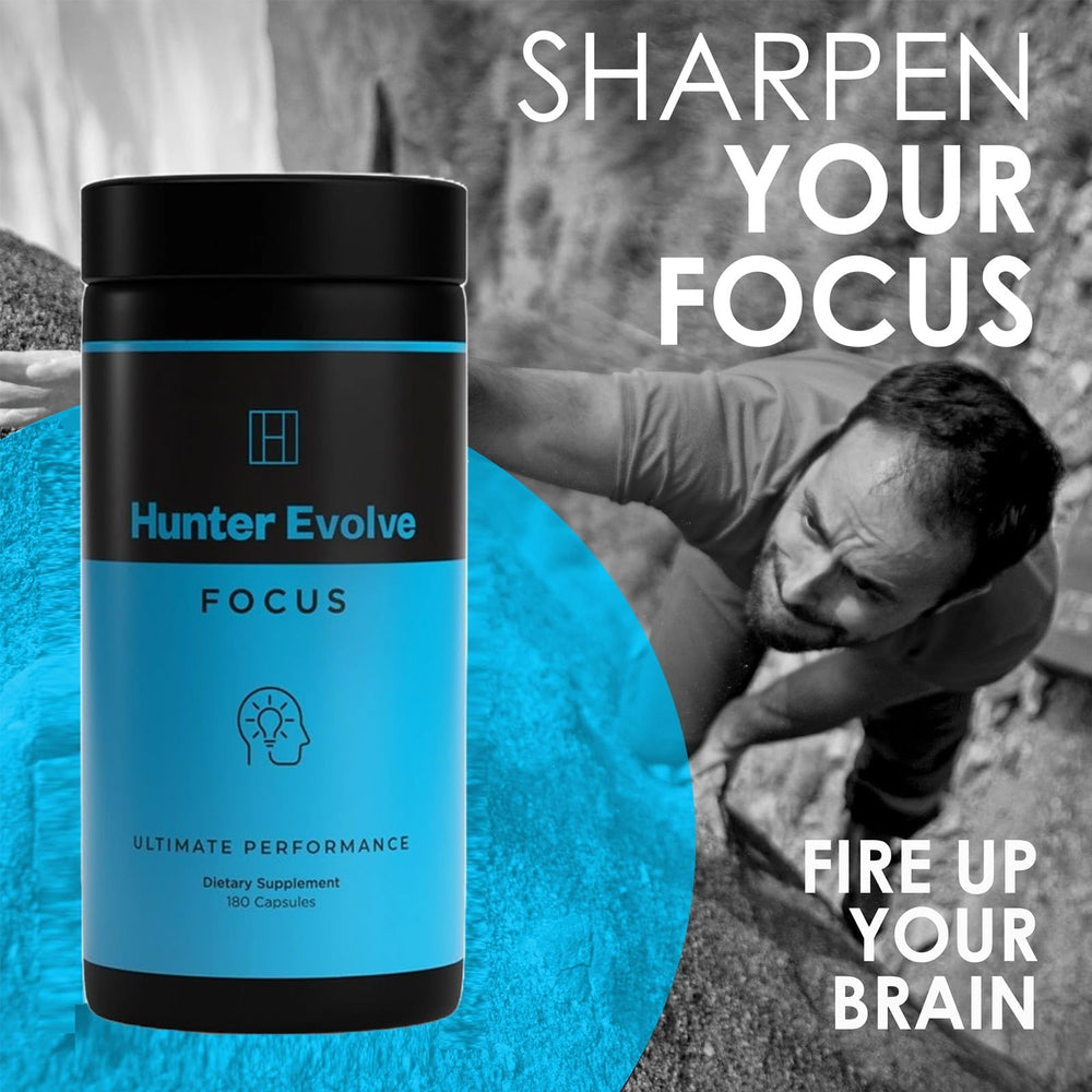 ROAR AMBITION Hunter Focus capsules closeup showing natural ingredients for steady focus.