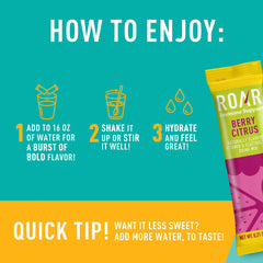 ROAR Berry Citrus flavor sachet dissolving in water, low sugar, calorie-conscious.