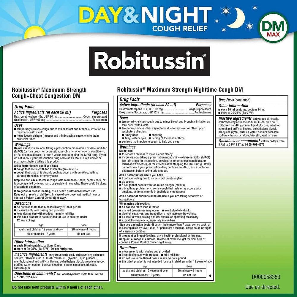 Robitussin DM Max day-night pack prepared for chest congestion relief and restful sleep.