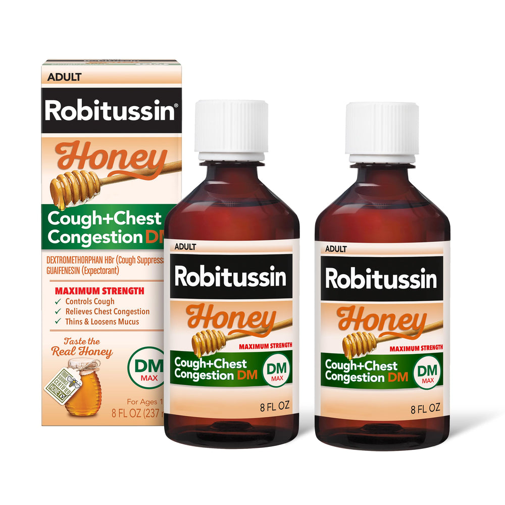 Robitussin Honey DM bottle front view highlighting real honey flavor for cough relief.