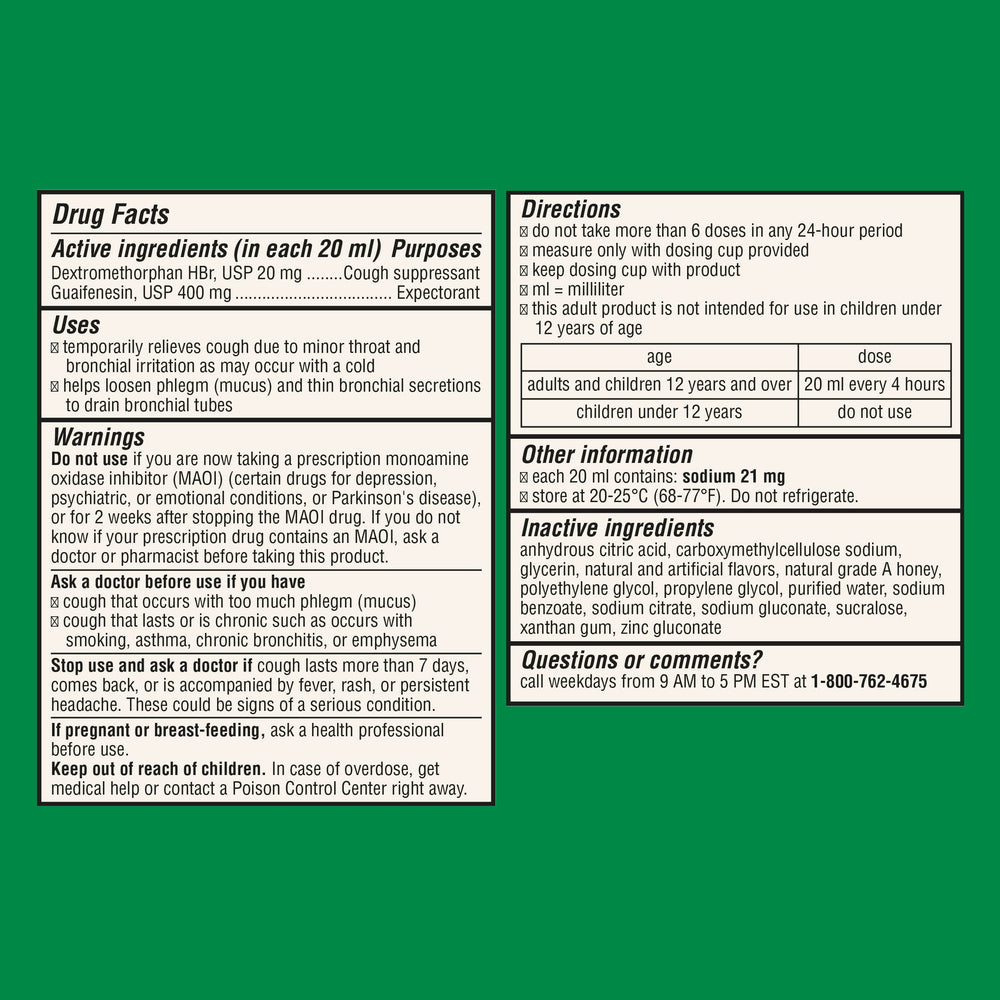 Robitussin Honey DM dosing instructions showing 20 mL every 4 hours.