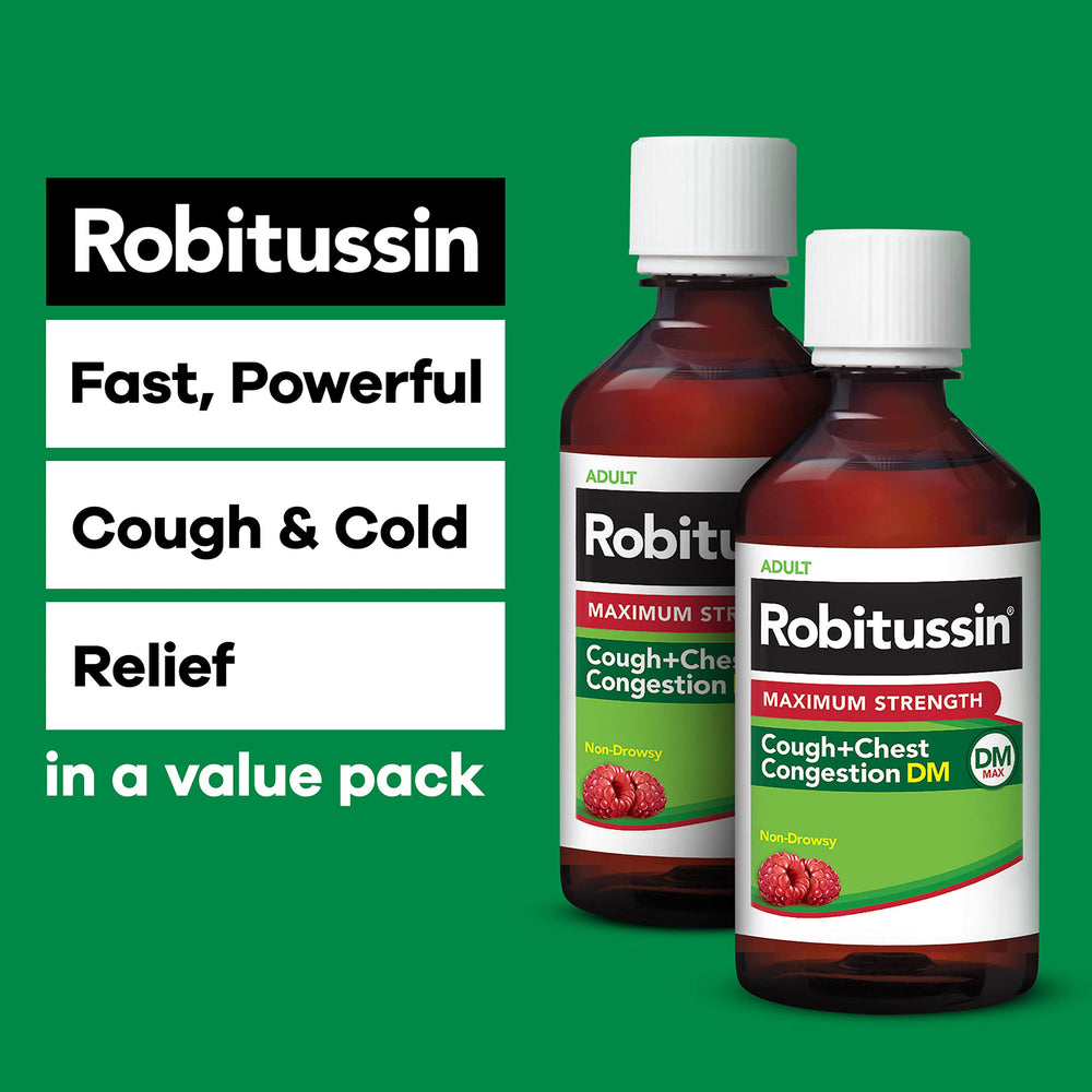 Robitussin raspberry-flavor cough syrup bottle for daytime relief