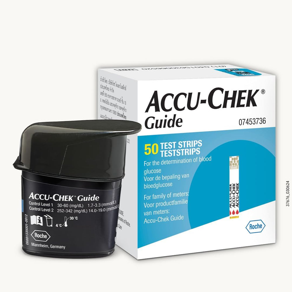 Roche Accu-Chek Guide strips vial close-up highlighting packaging