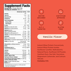 Rock the Shot GLP-1 Vanilla label close-up, highlighting 20g protein and 20+ micronutrients.