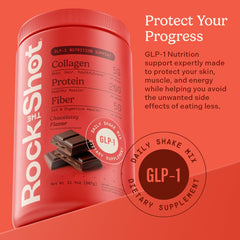 Rock The Shot GLP-1 chocolate shake glass on-the-go daily nutrition that supports energy during weight loss