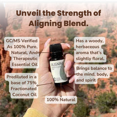 Rocky Mountain Oils Aligning label close-up shows pure essential oils