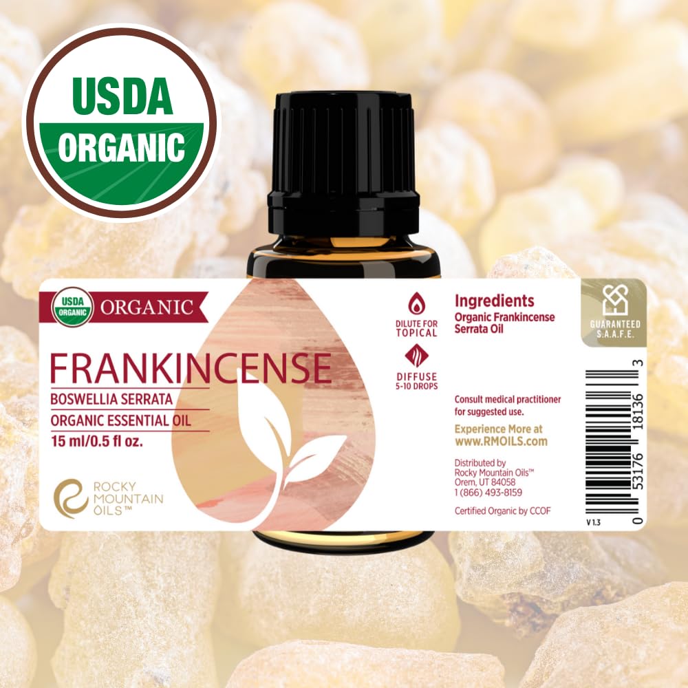 Rocky Mountain Oils frankincense bottle with dropper for easy dispensing